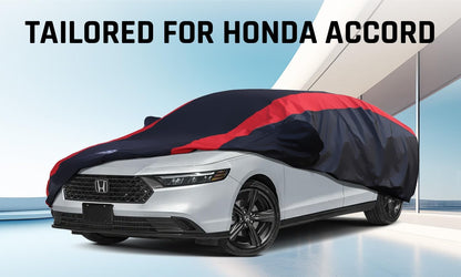 Car Cover Waterproof All Weather Protection with Red Stripe Design, Universal Fit Toyota Camry Solara, Ford Fusion, Kia Stinger Optima, Nissan Maxima, VW Passat, Subaru Legcy