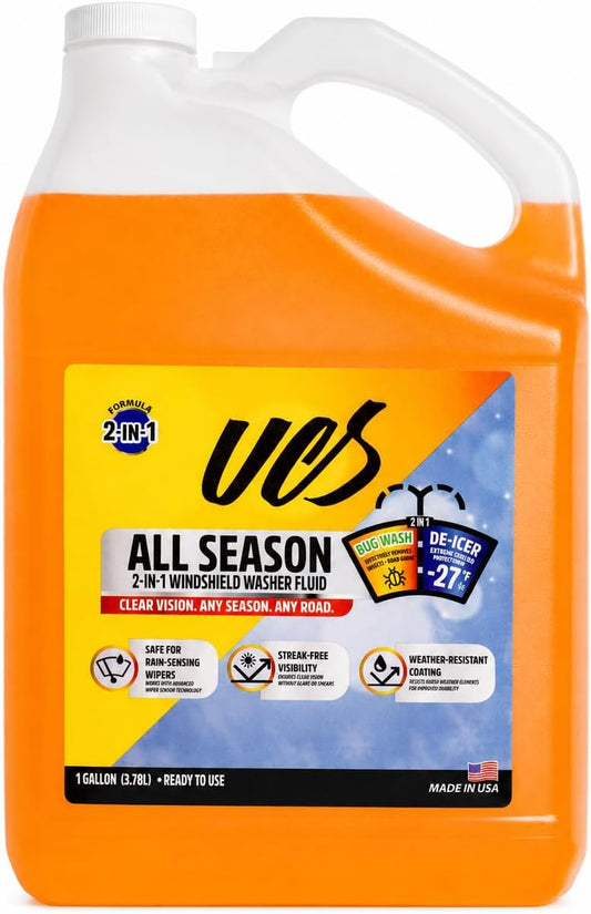 UCS 2-in-1 Windshield Washer Fluid 2-Pack (1 Gallon Each, 256 fl oz Total) – Ready to Use, Streak-Free Formula, All-Weather Cleaning, Removes Bugs, Dirt & Road Grime – Premium Windshield Cleaner