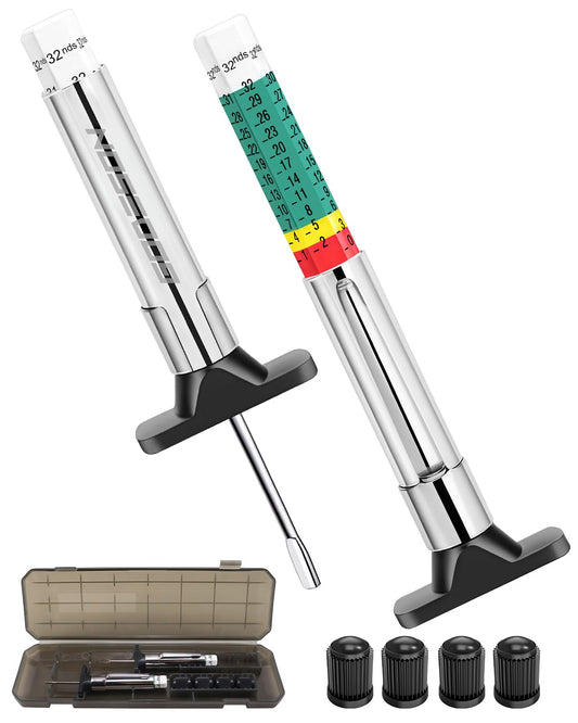 GODESON 2-Pack Tire Tread Depth Gauge 32nds, Color Coded 1/32 Inch Tread Checker with Pocket Clip, Storage Case & 4 Valve Caps for Car, SUV, Truck, Motorcycles Tire Wear