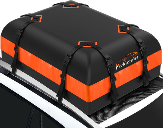 FIVKLEMNZ Car Rooftop Cargo Carrier Roof Bag Waterproof for All Top of Vehicle with/Without Rack Includes Topper Anti-Slip Mat + Reinforced Straps + 6 Door Hooks + Luggage Lock