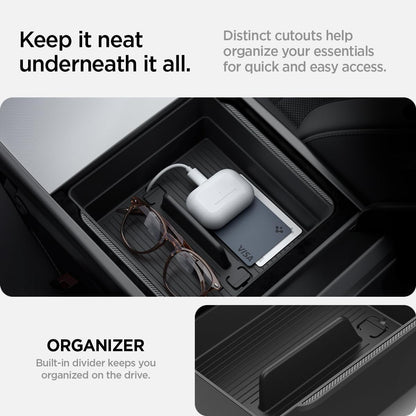 Spigen Center Console Organizer for Tesla Model Y Juniper (Only Premium & Performance 2026) and Model 3 Highland (Standard, Premium & Performance 2024/25/26) with Smooth Slide Technology - [Sliding]