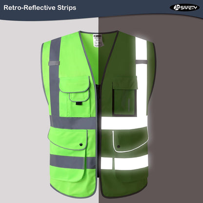 JKSafety 9 Pockets Class 2 High Visibility Zipper Front Safety Vest With Reflective Strips,Meets ANSI/ISEA Standard (Large, 150-Yellow) - Colors B