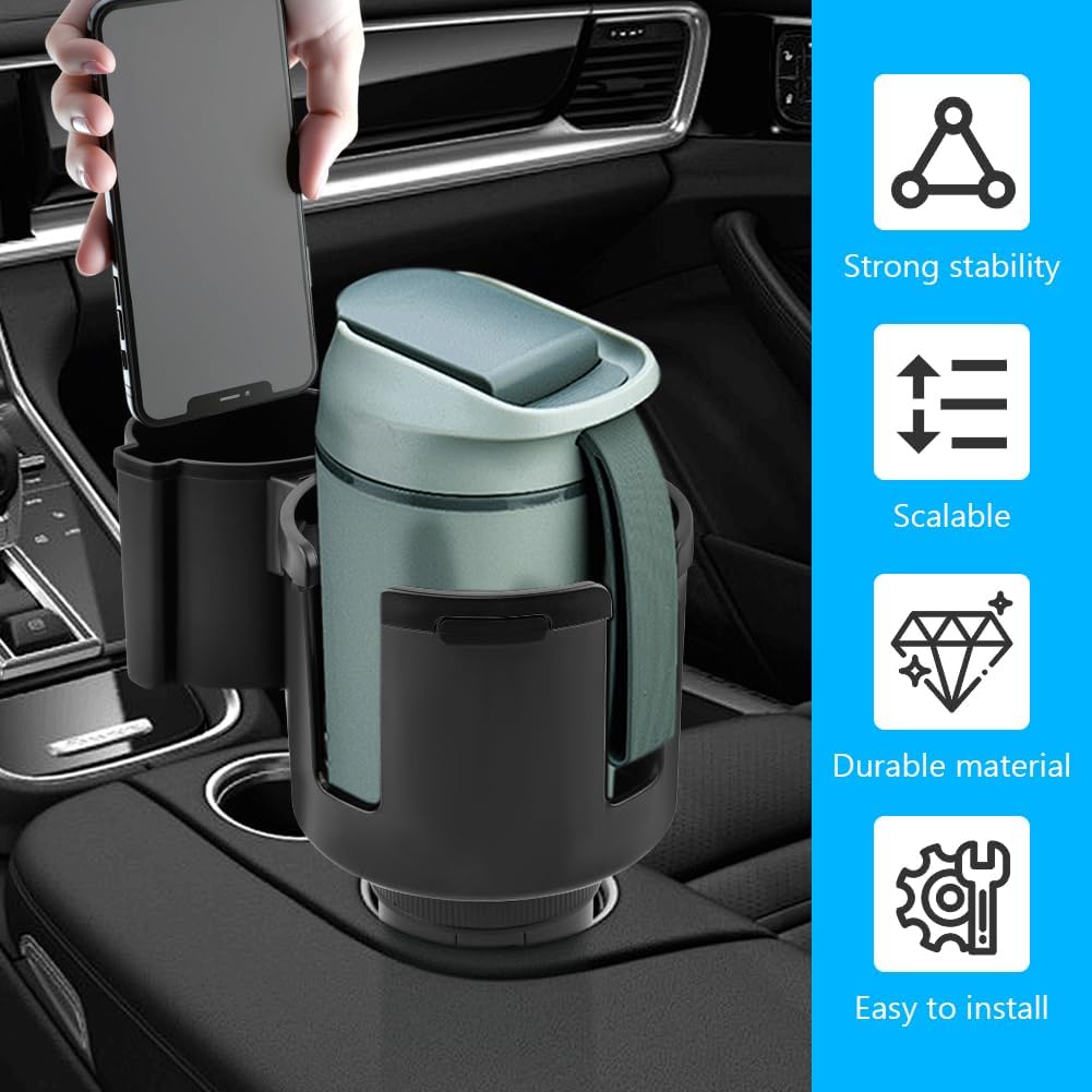 1 Pack Car Cup Holder Expander 2 in 1 Adapter with Expandable Base, Car-Seat Headrest Hook 4 Pack Hanger Storage Organizer fit Universal Vehicle Car Mugs in 2.2"-4.6" (10-46oz)