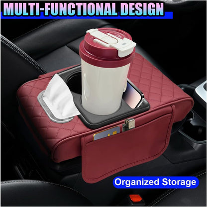 Leather Car Center Console Cover, Universal Automotive Armrest Booster Cushion, Vehicle Middle Console Organizer with 2 Cup Holders, Side Storage Bag, Tissue Box & Phone Slot(Black)