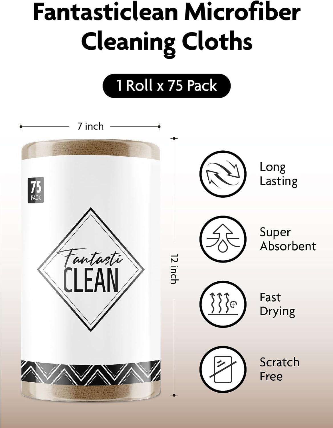Fantasticlean Microfiber Cleaning Cloth Roll -75 Pack, Tear Away Microfiber Towels, 12" x 12", Reusable, Washable, Scratch Free, Ultra Absorbent for All-Around Cleaning Supplies (DimGray)