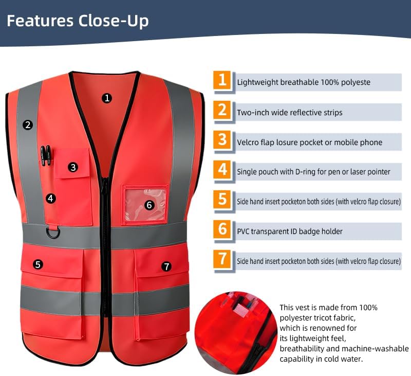 Reflective Safety Vest for Women Men High Visibility Security With Pocket Zipper Front Meet ANSI/ISEA Standard