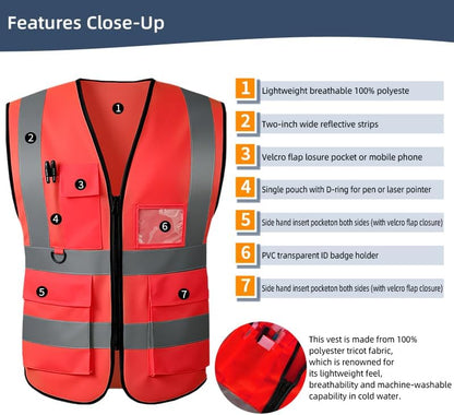 Reflective Safety Vest for Women Men High Visibility Security With Pocket Zipper Front Meet ANSI/ISEA Standard