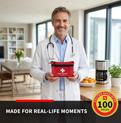 Protect Life Doctor Developed Mini First Aid Kit, 100 Piece Waterproof Emergency Kit for Car, Boat, Camping & Travel, Includes Emergency Blanket, Tourniquet & First Aid Guide