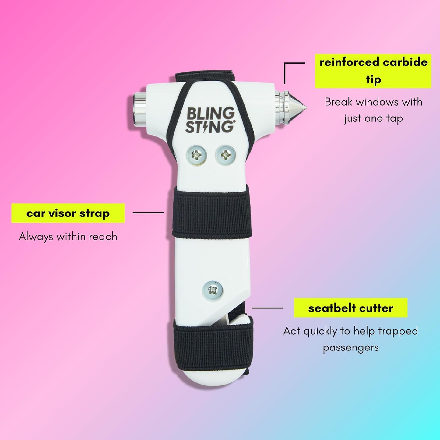 BLINGSTING Safety Hammer - Emergency Automotive Escape Tool with Window Breaker, Seat Belt Cutter & Adjustable Car Visor Strap - Tempered Glass Breaker - Steel Blade - Rose Gold (1 Count)