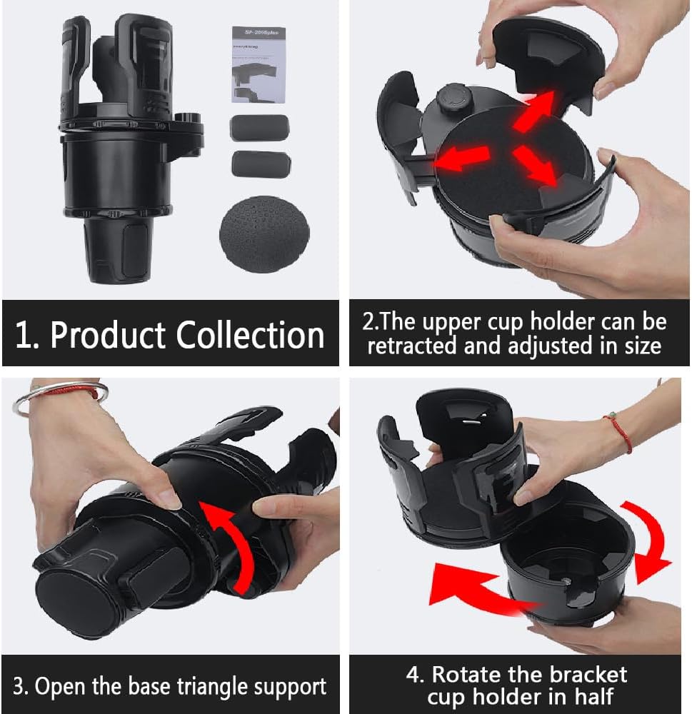 Upgrade Dual Cup Holder Expander, 2 in 1 Multifunction Cup Holder for Car with Lock, 360° Rotating Car Cup Drink Holder with Adjustable Base, Cupholder Expander for Large Water Bottles, Cups