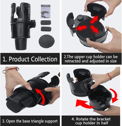 Upgrade Dual Cup Holder Expander, 2 in 1 Multifunction Cup Holder for Car with Lock, 360° Rotating Car Cup Drink Holder with Adjustable Base, Cupholder Expander for Large Water Bottles, Cups