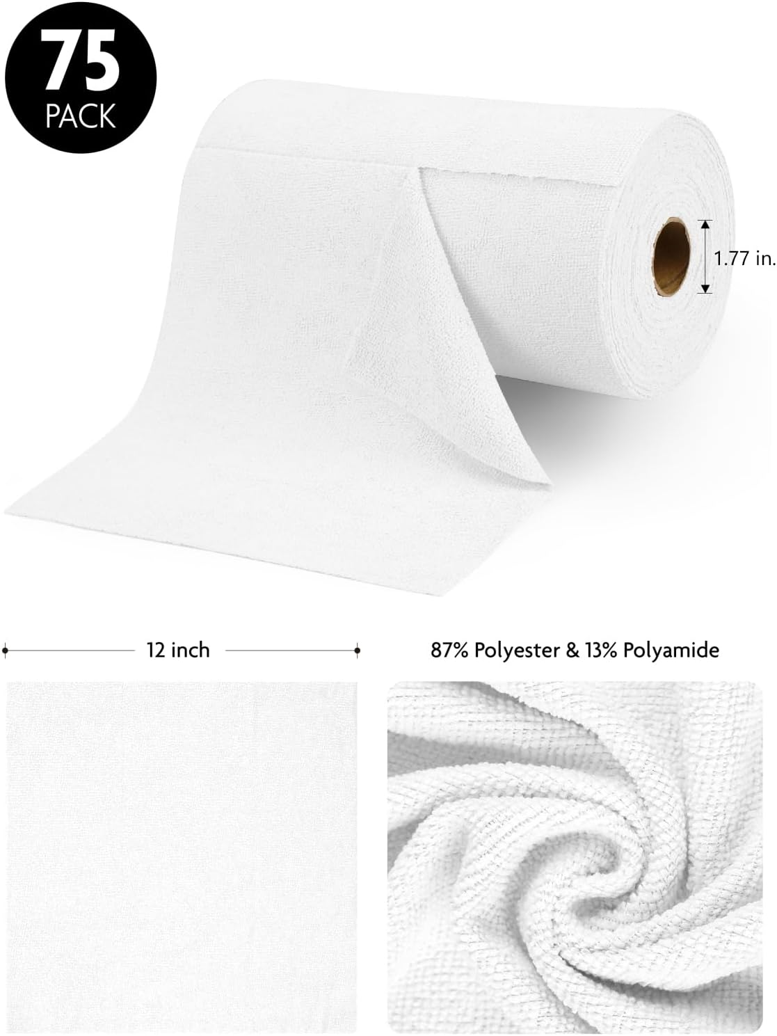 Fantasticlean Microfiber Cleaning Cloth Roll -75 Pack, Tear Away Microfiber Towels, 12" x 12", Reusable, Washable, Scratch Free, Ultra Absorbent for All-Around Cleaning Supplies (DimGray)