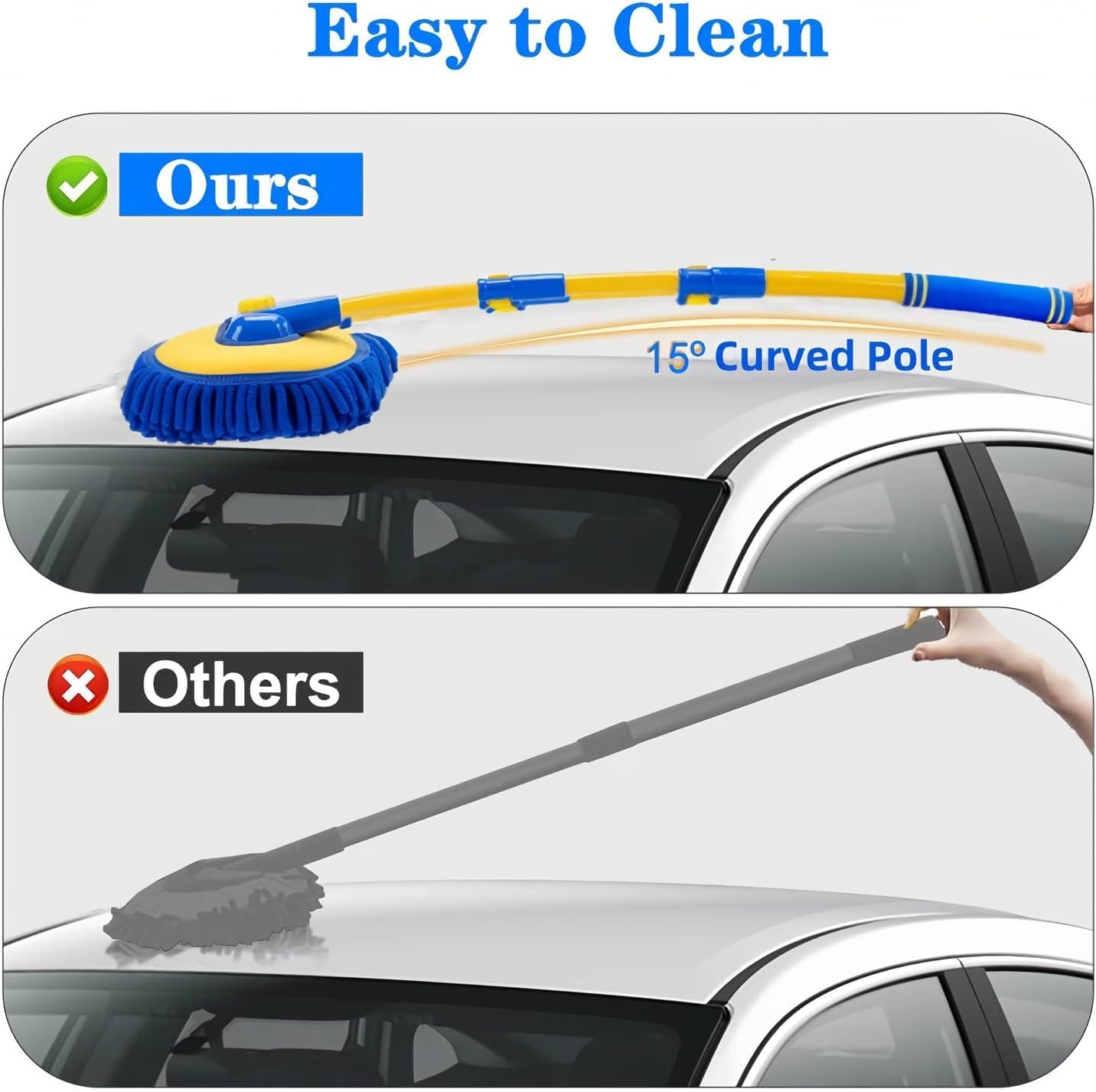 57'' Car Wash Brush with Long Handle Chenille Microfiber Car Wash Kit， Mitt Retractable Bent Pole Car Wash Brush for Cars RV Truck Boat (Yellow)
