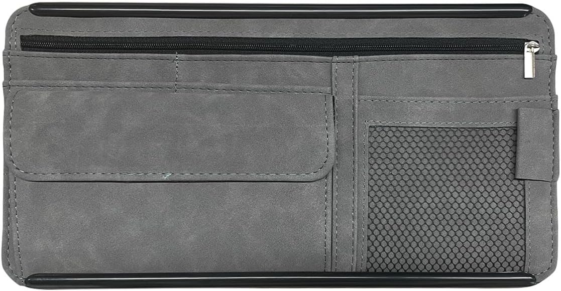 Suede Car Sun Visor Organizer with Multi-Pocket Net Zipper, Glasses Case, Sunglass Holder (Grey)