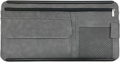 Suede Car Sun Visor Organizer with Multi-Pocket Net Zipper, Glasses Case, Sunglass Holder (Grey)