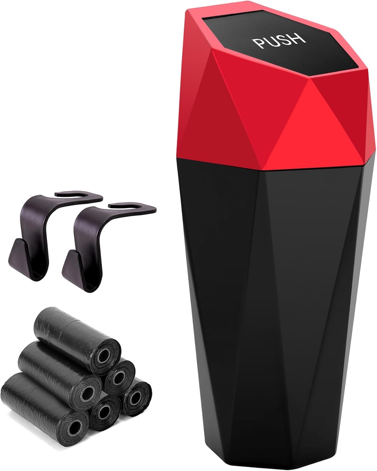 Ginsco Car Trash Can Cup Holder, 2 Pack Mini Trash Can with Lid, Car Accessories for Interior, Leakproof Small Trash Cup for Home with Additional 2 ABS Hooks and 90pcs Trash Bags Black