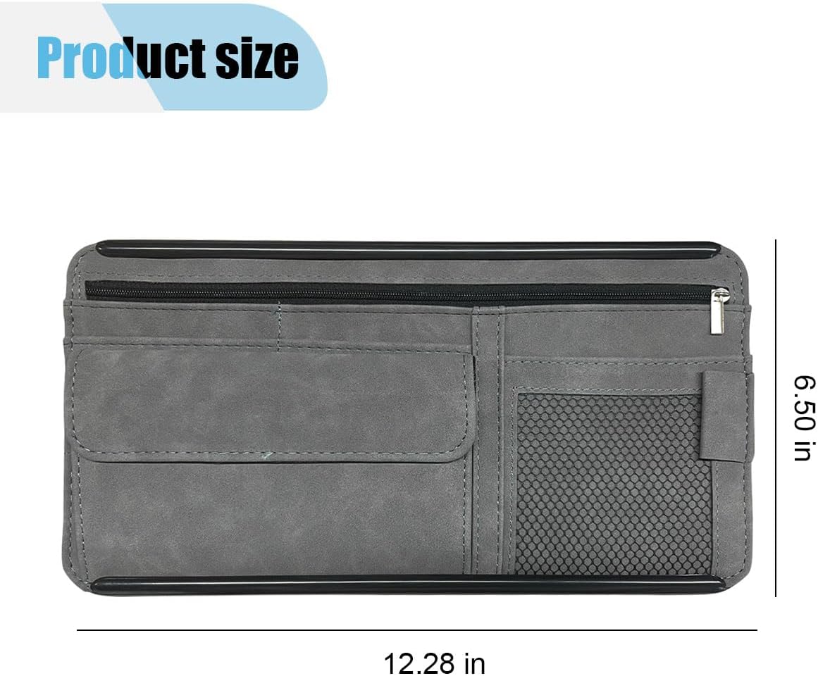 Suede Car Sun Visor Organizer with Multi-Pocket Net Zipper, Glasses Case, Sunglass Holder (Grey)