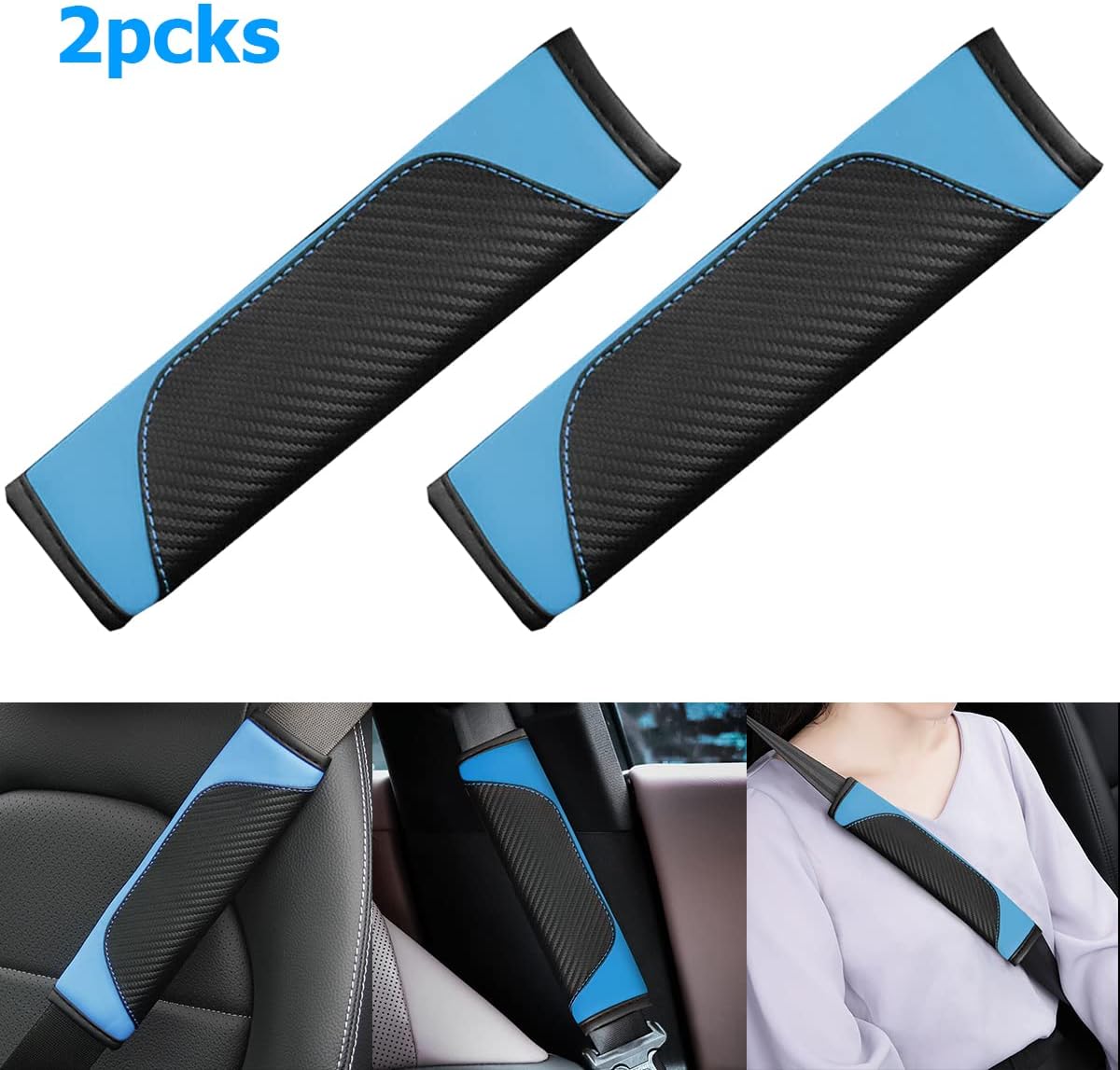 AUCELI 2PCS Car Seat Belt Cover, Carbon Fiber Seatbelt Shoulder Strap Covers, Breathable Leather Soft Harness Pad Protect Your Neck and Shoulder Compatible with Cars