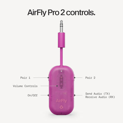 AirFly Pro 2 Deluxe – Bluetooth Adapter for Airplane, Pair 2 AirPods or Wireless Headphones – 3.5mm AUX Bluetooth Transmitter/Receiver for Cars, Boats, Treadmills, TVs – Airplane Travel Essentials