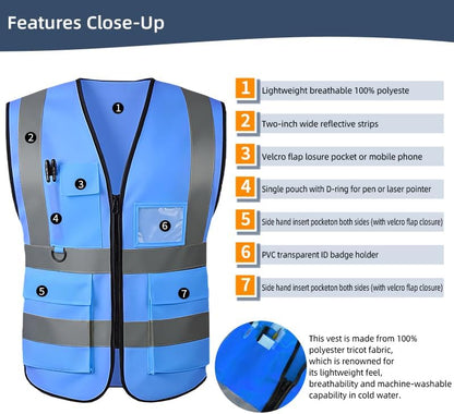 Reflective Safety Vest for Women Men High Visibility Security With Pocket Zipper Front Meet ANSI/ISEA Standard