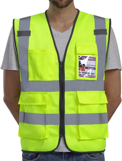 Dib Safety Reflective Safety Vest for Men Women, High Visibility Vest with Pockets and Zipper, ANSI Class 2