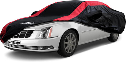 Car Cover Waterproof All Weather Protection with Red Stripe Design, Universal Fit Toyota Camry Solara, Ford Fusion, Kia Stinger Optima, Nissan Maxima, VW Passat, Subaru Legcy