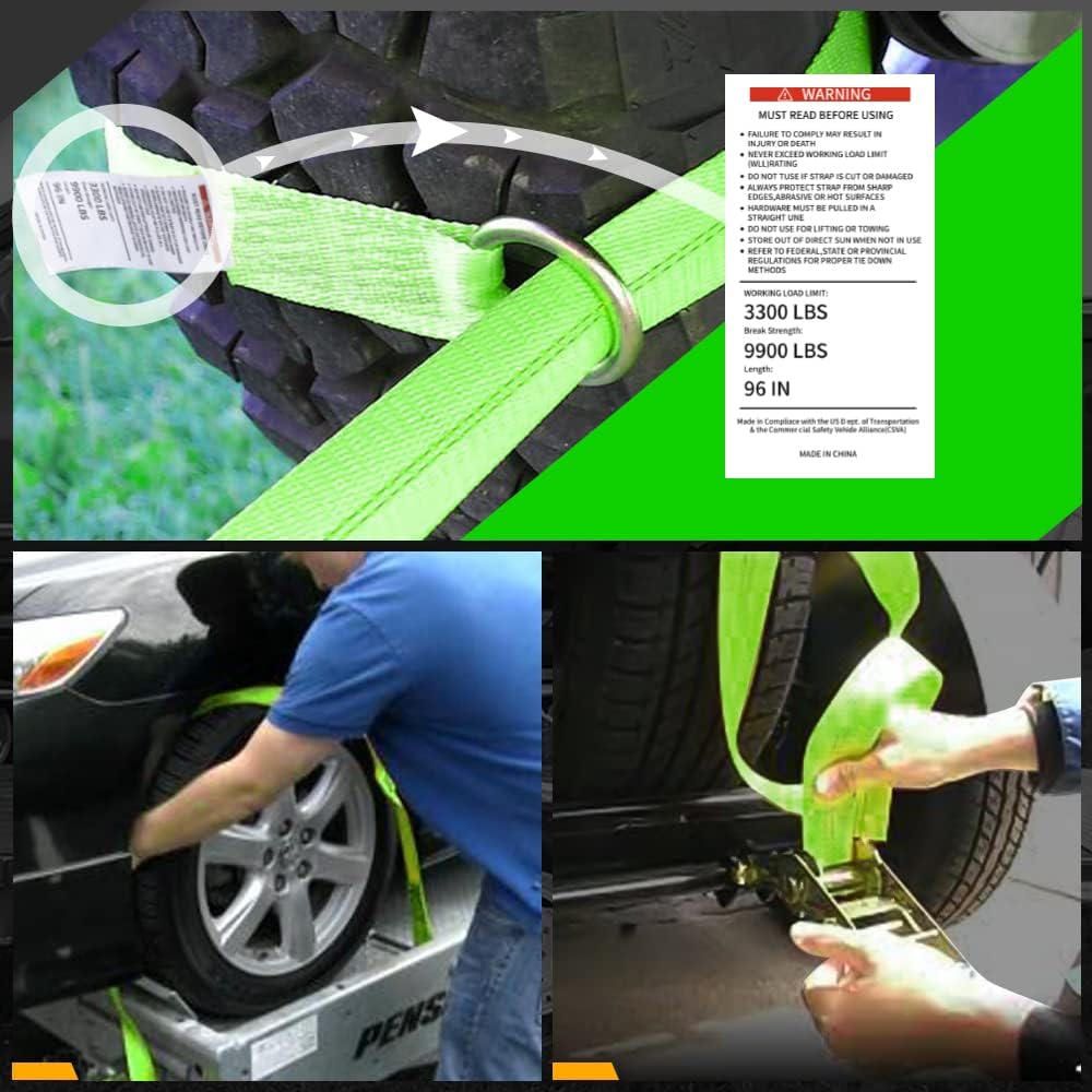Car Tie Down Straps for Trailers- 4 Pack 2"x96" with Tire Strap 3,300lb Safe Working Load - Adjustable Straps with Snap Hooks (Green)