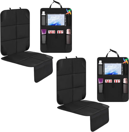 Aurelema 4 Pack Non-slip Car Seat Protector and Backseat Organizer Kick Mat with Tablet Holder, Large Waterproof Car Seat Protector with Storage Pockets for Leather and Fabric
