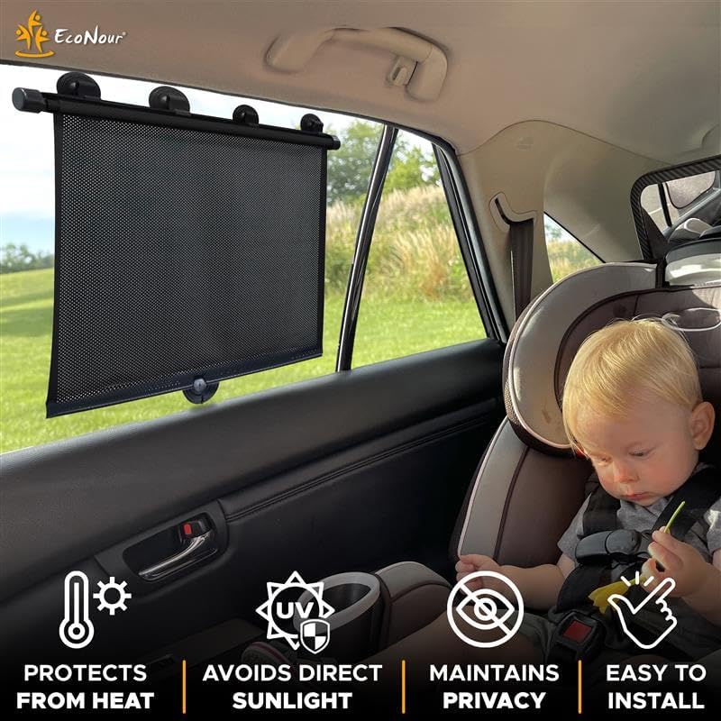 EcoNour Car Side Window Sun Shade (2 Pack) | Retractable Roller Sunshade for Kids | Baby Car Window Shades for UV and Sun Glare Protection | Baby Travel Accessories (15"x17")