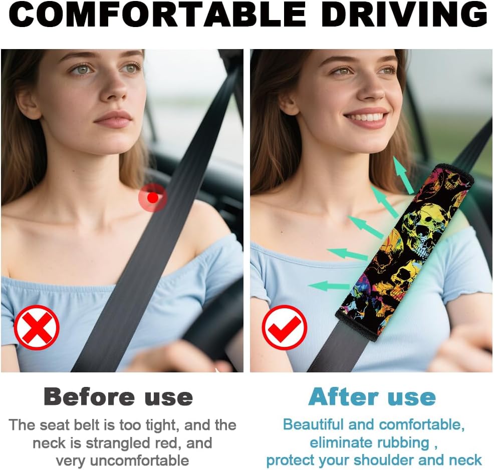 2Pcs Soft Auto Seat Belt Cover Pad Cute Cat Print Colorful Car Seatbelt Shoulder Cushion for Comfortable Driving, Compatible with All Cars' Seatbelt and Backpack Straps