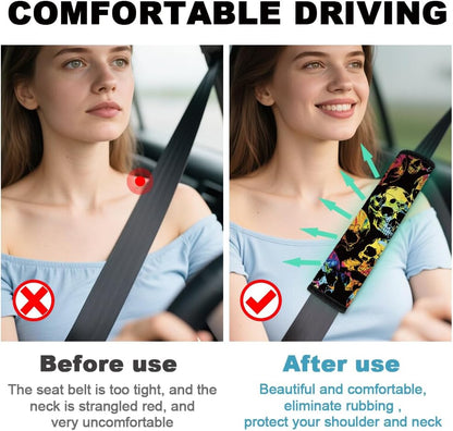 2Pcs Soft Auto Seat Belt Cover Pad Cute Cat Print Colorful Car Seatbelt Shoulder Cushion for Comfortable Driving, Compatible with All Cars' Seatbelt and Backpack Straps