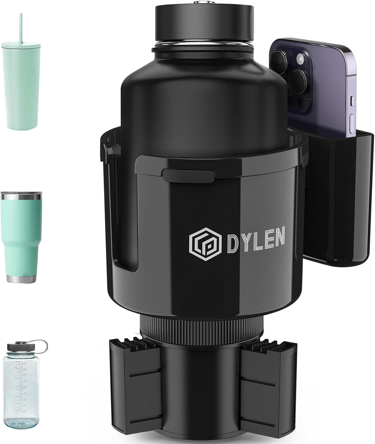 DYLEN Car Cup Holder Expander with Adjustable Base, Fits 16–46oz Bottles | Expandable base fits 2.5"–3.8" cup holders; secures Yeti, Owala 16–46oz bottles; 99% phones; anti‑slip tabs prevent spills.