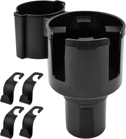 1 Pack Car Cup Holder Expander 2 in 1 Adapter with Expandable Base, Car-Seat Headrest Hook 4 Pack Hanger Storage Organizer fit Universal Vehicle Car Mugs in 2.2"-4.6" (10-46oz)