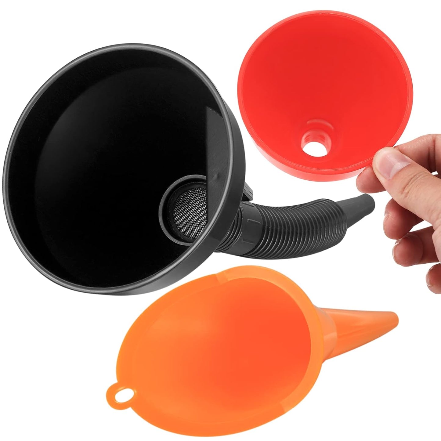 3 Pcs Automotive Funnels Set, Wide Mouth Fuel Funnels, Plastic Long Neck Oil Funnel, Flexible Right Angle Funnels, with Detachable Spout and Filter for Water/Gasoline/Coolant/Engine Oil