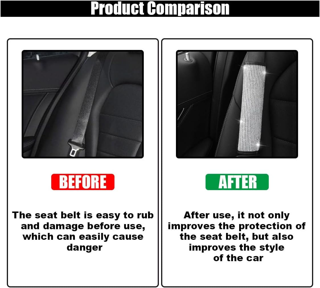 GLSOWEE 2PCS Bling Car Seat Belt Shoulder Pads, Bling Rhinestones Seat Belt Covers for Women, Car Seatbelt Strap Pad with Crystal Diamond, Car Interior Accessories for Car SUV (Black Diamond)