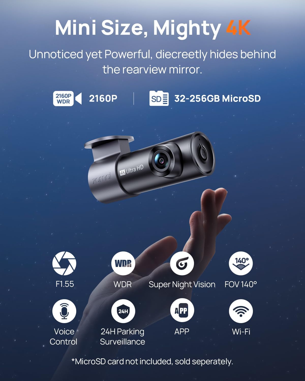 70mai Dash Cam M310, Dash Camera for Cars 1296P QHD, Smart Dash Cam Front Built in WiFi, 130° Wide-Angle FOV, WDR, Night Vision, iOS/Android Mobile App, Loop Recording, Parking Monitor, Time-Lapse