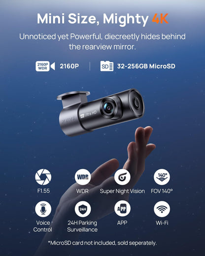 70mai Dash Cam M310, Dash Camera for Cars 1296P QHD, Smart Dash Cam Front Built in WiFi, 130° Wide-Angle FOV, WDR, Night Vision, iOS/Android Mobile App, Loop Recording, Parking Monitor, Time-Lapse