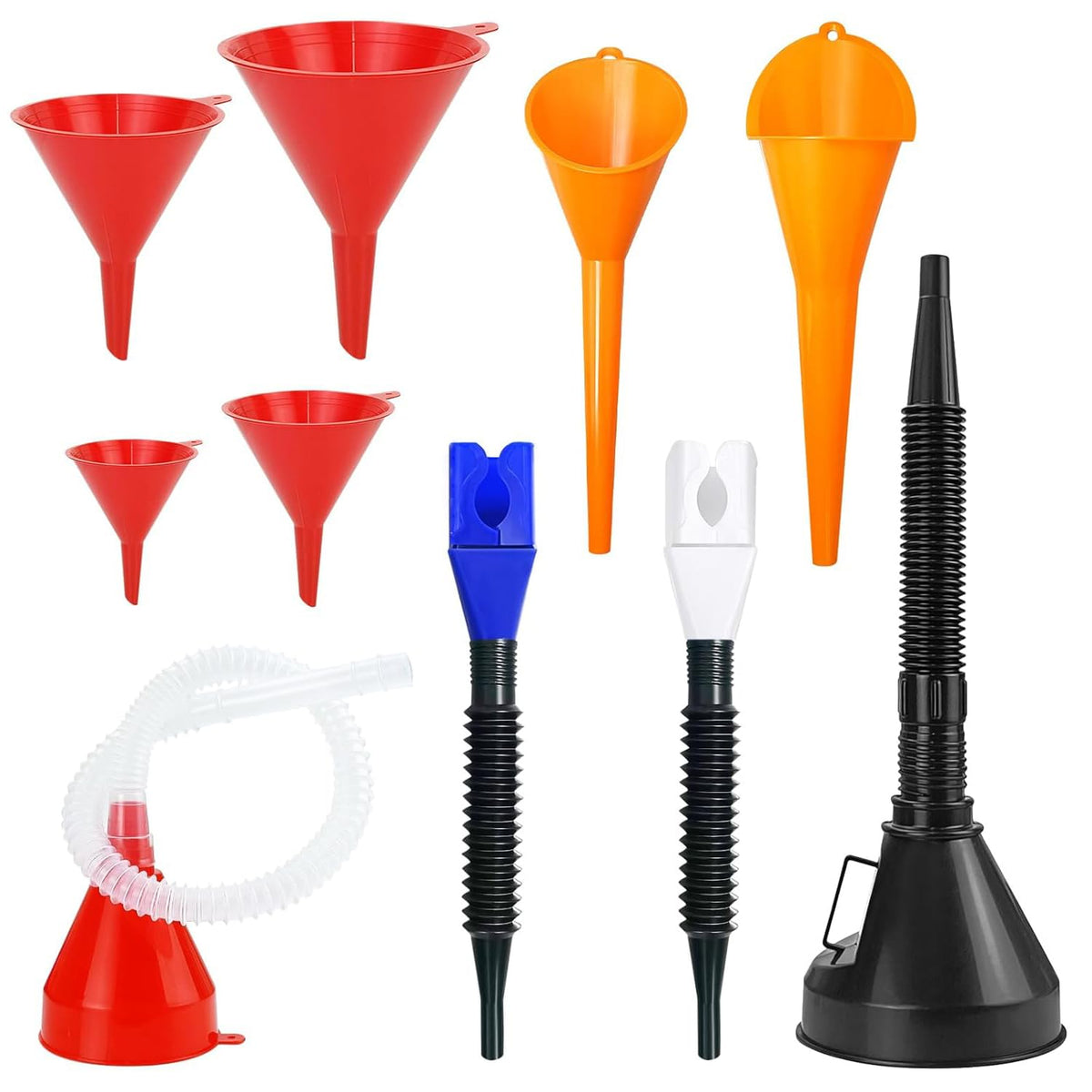 10 PCS Funnels for Automotive Use，Automotive Funnel Set with Wide Mouth Long Neck Hose, Flexible Oil Transmission Fuel Funnel Kit for Oil Change