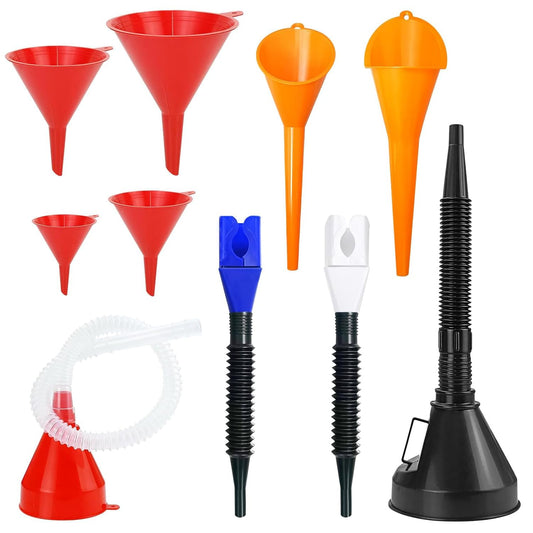 10 PCS Funnels for Automotive Use，Automotive Funnel Set with Wide Mouth Long Neck Hose, Flexible Oil Transmission Fuel Funnel Kit for Oil Change