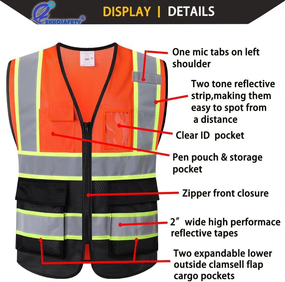 Reflective Mesh Safety Vest for Men Women with 5 Pockets and Zipper Front High Visibility Mesh Vest Hi Vis Construction Work Vest,Meets ANSI/ISEA Standards(EK175-Yellow-L)