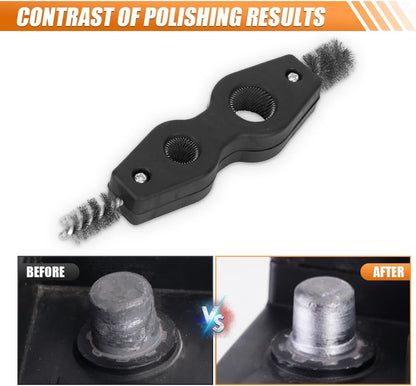 4-in-1 Car Battery Terminal Cleaning Brush- 1/2" & 3/4" Inner & Outer Thread Copper Tubing Pipes Brush- Rustproof Machine Parts Cleaner Tool for Plumbing Installation Soldering Brazing (Black)