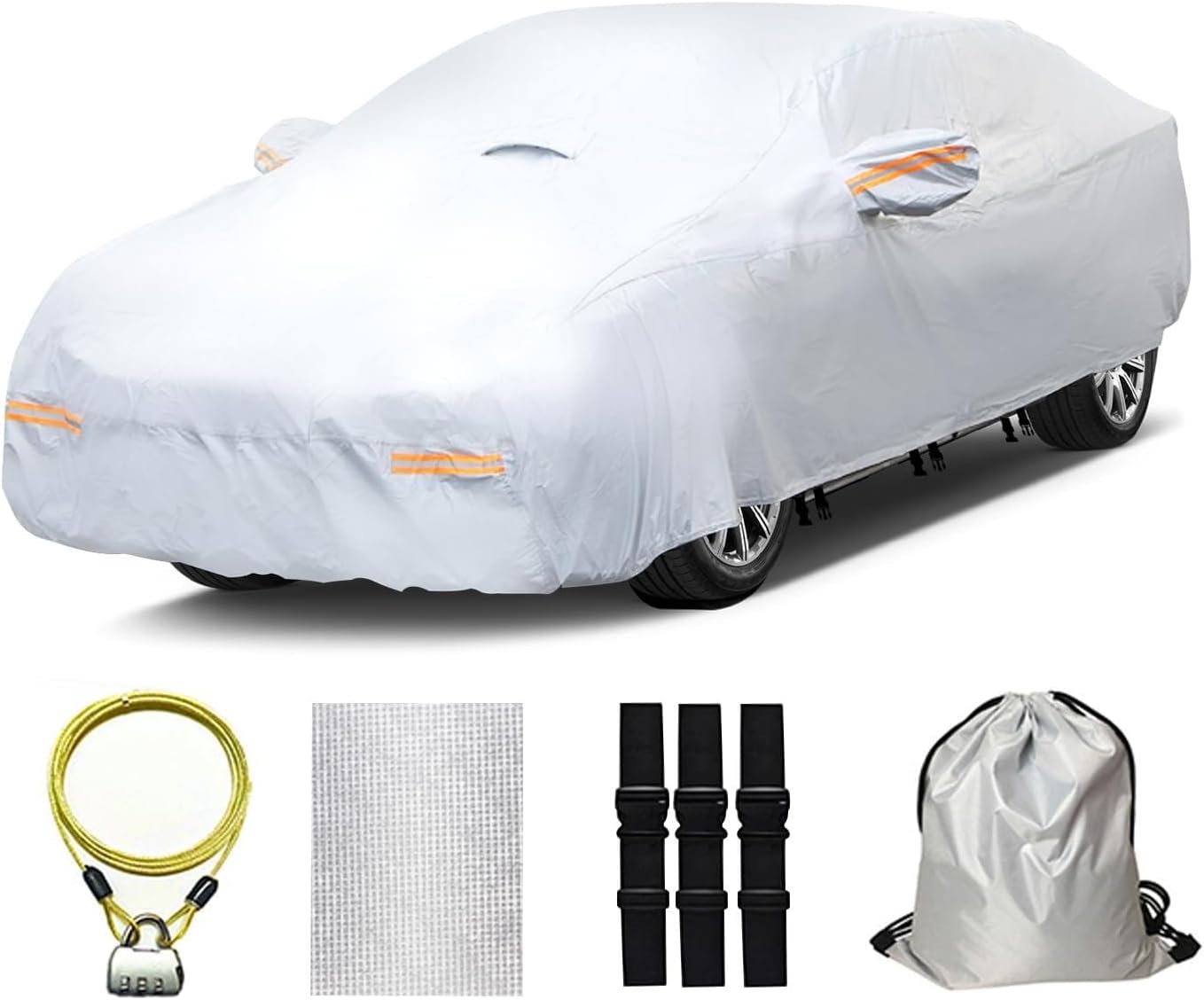 30 Layers Car Cover for Automobiles All Weather Waterproof, Outdoor Snowproof UV Protection Windproof, Door Zipper, Soft Cotton, Heavy Duty Universal Car Covers, (Silver, Fit Sedans 171"-180")