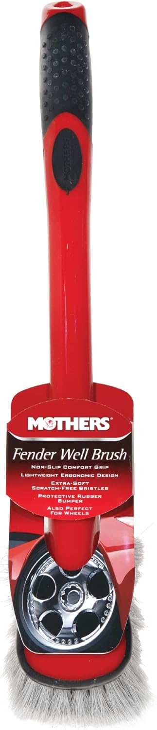 Mothers Car Wash Brush, Wheel and Fender Brush, Short Handle Tire Cleaner for Car Detailing, 10 Inch, Red/Black