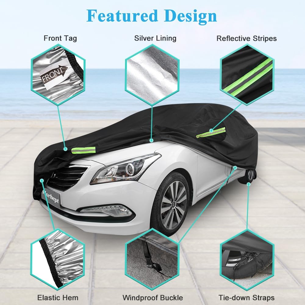 Car Cover Waterproof All Weather for Automobiles, Outdoor Full Exterior Covers for Sedan Black(Suggest Car Length from 194"-208")