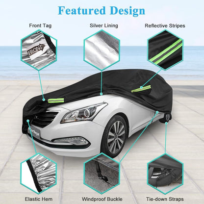 Car Cover Waterproof All Weather for Automobiles, Outdoor Full Exterior Covers for Sedan Black(Suggest Car Length from 194"-208")