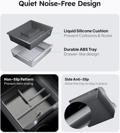 Wigoo Center Console Organizer for Tesla Model Y Juniper (Only Premium & Performance 2025 2026) and All Model 3 Highland Accessories [Double-Layer Storage, Smooth Sliding] 4PCS Black