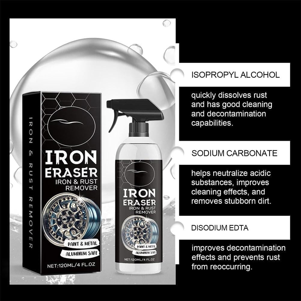 Iron Eraser Rust Remover Spray for Metal, Iron Eraser Iron and Rust Remover, Eraser Rust Remover Spray, Rust And Brake Dust Cleaner For Wheels & Paint, Professional Automotive Surface Cleaning