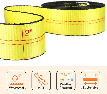Recovery Tow Strap 2in X 20ft Heavy Duty 20,000 lbs Break Strength, Use for Emergency Towing Rope, Tree Saver, Winch Extension, Triple Reinforced Loops, Protective Sleeves,Car Accessories