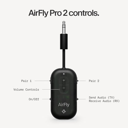 AirFly Pro 2 Deluxe – Bluetooth Adapter for Airplane, Pair 2 AirPods or Wireless Headphones – 3.5mm AUX Bluetooth Transmitter/Receiver for Cars, Boats, Treadmills, TVs – Airplane Travel Essentials