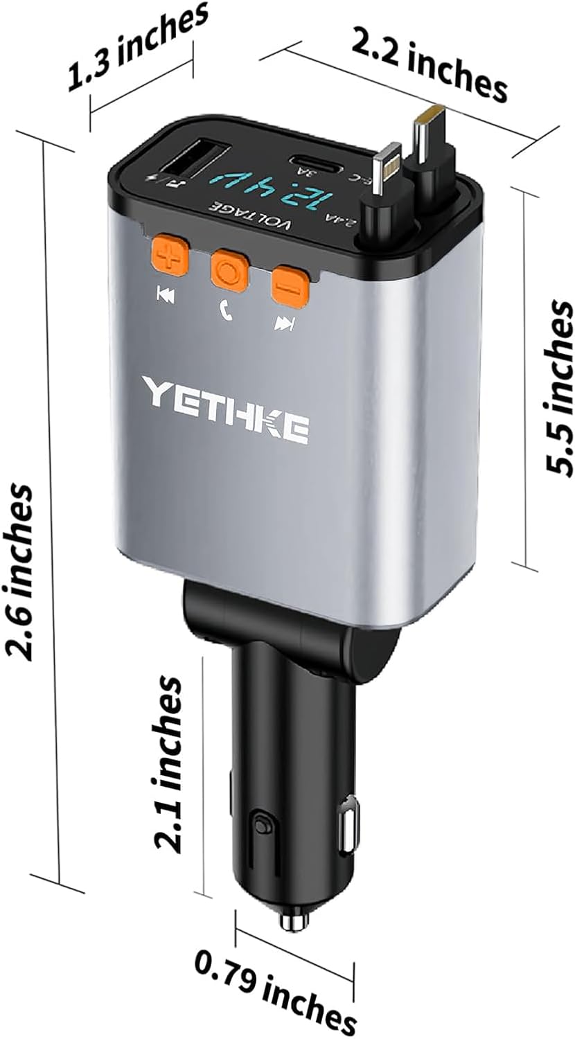 Bluetooth Car Adapter with Retractable Charger, FM Transmitter Bluetooth 5.4 for Cars, 4 in 1 Fast Car Phone Charger 69W, Handsfree Call, 2*Retractable Cable for iPhone 17/16/15/14, Galaxy-Black